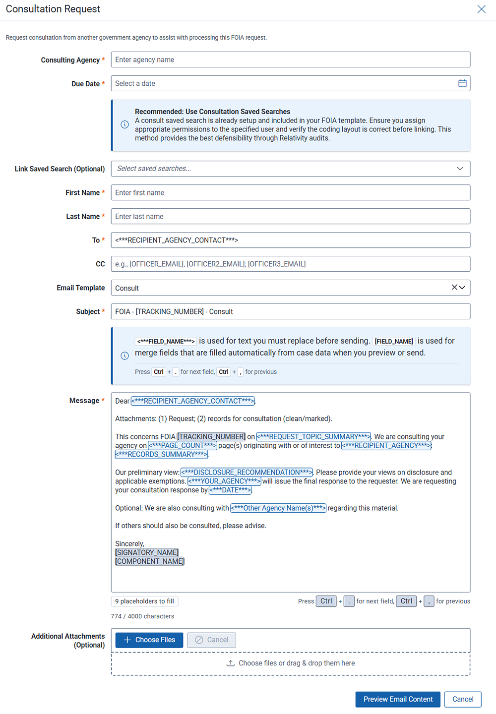 Form template for requesting additional consultation from another agency.
