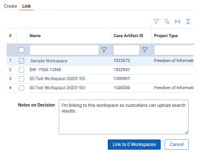 Selecting an existing workspace to link the foia request. The workspace is where records are stored.