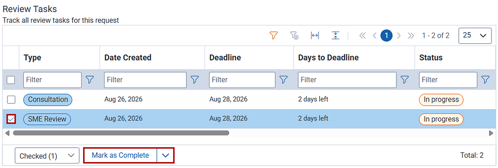 Use mass actions to mark one or more tasks complete.