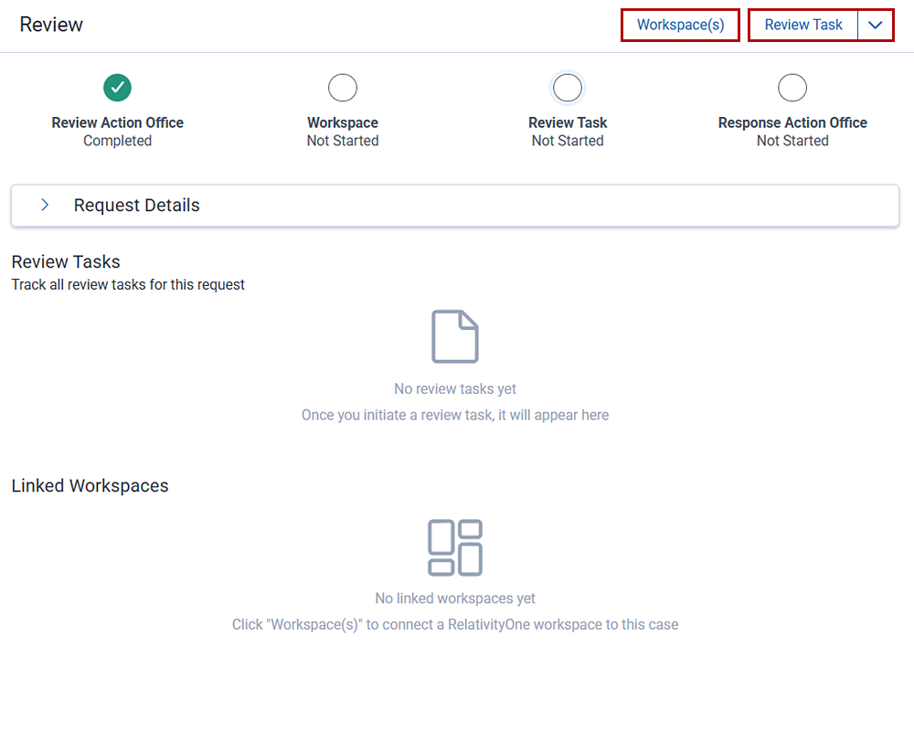 The review details screen showing links to workspaces and email templates.