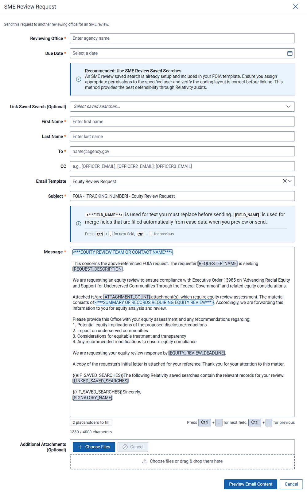 The request equity review form for pre-release quality checking of FOIA search results.