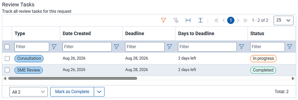 Review task tags that appear when you confirm the task steps are completed. The tags reflect the selections made when the task was marked complete.