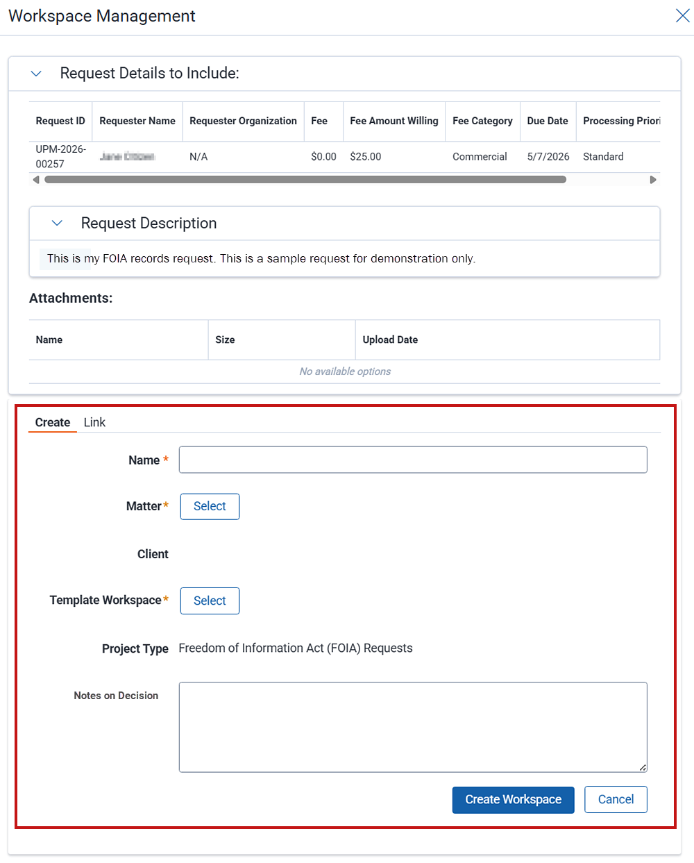 The workspace management landing page showing options for creating new workspaces or linking to existing workspaces.