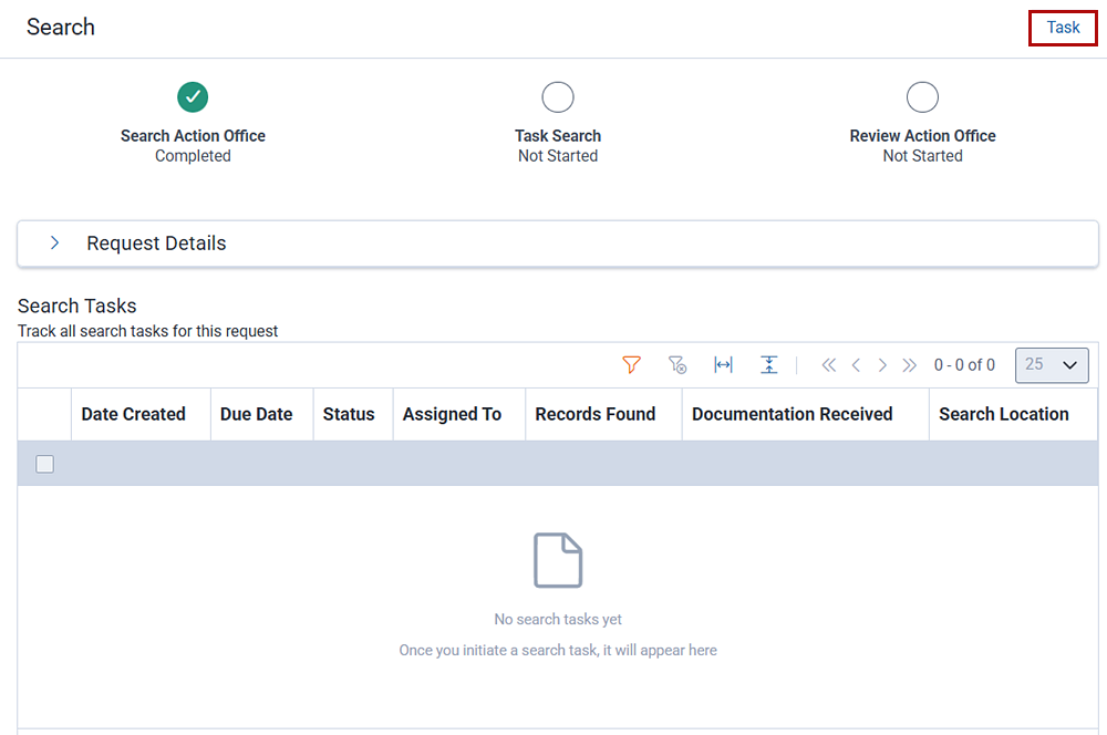 The search details screen showing task-related sub-steps.