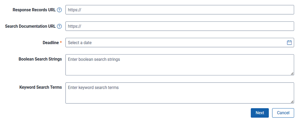The form used by the search manager to enter basic information for the searchers such as where to upload documents they've found.