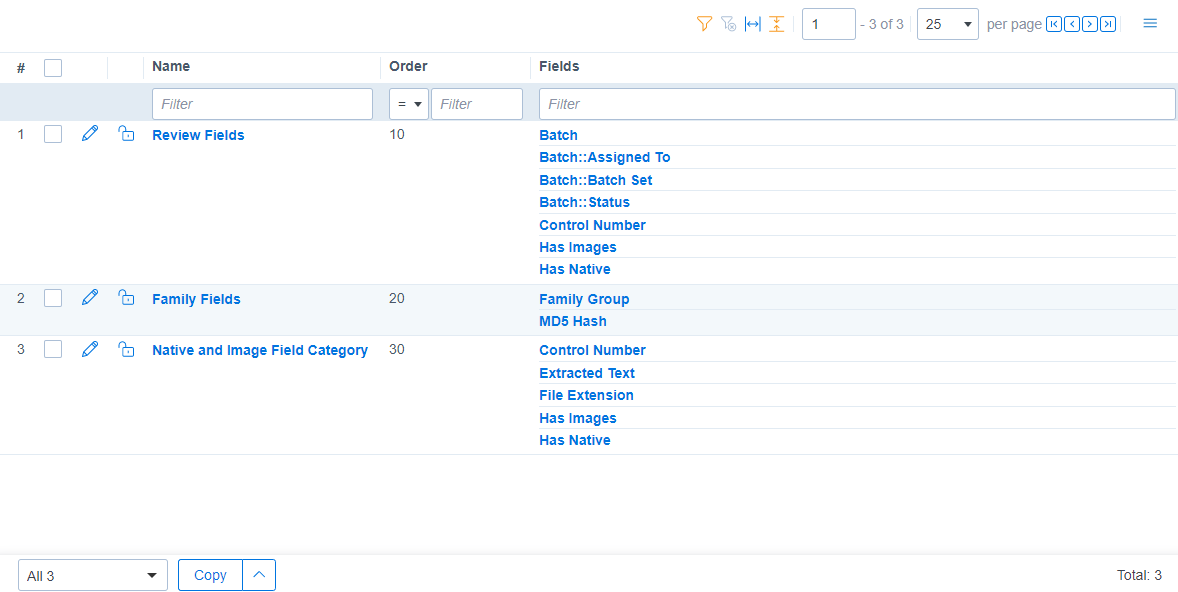 The Field categories list with sample categories like Review Fields and Family Fields open.