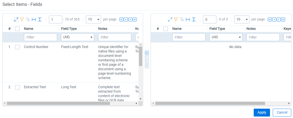 The Select Items - Fields modal with Control Number and Extracted Text fields displaying in the list.