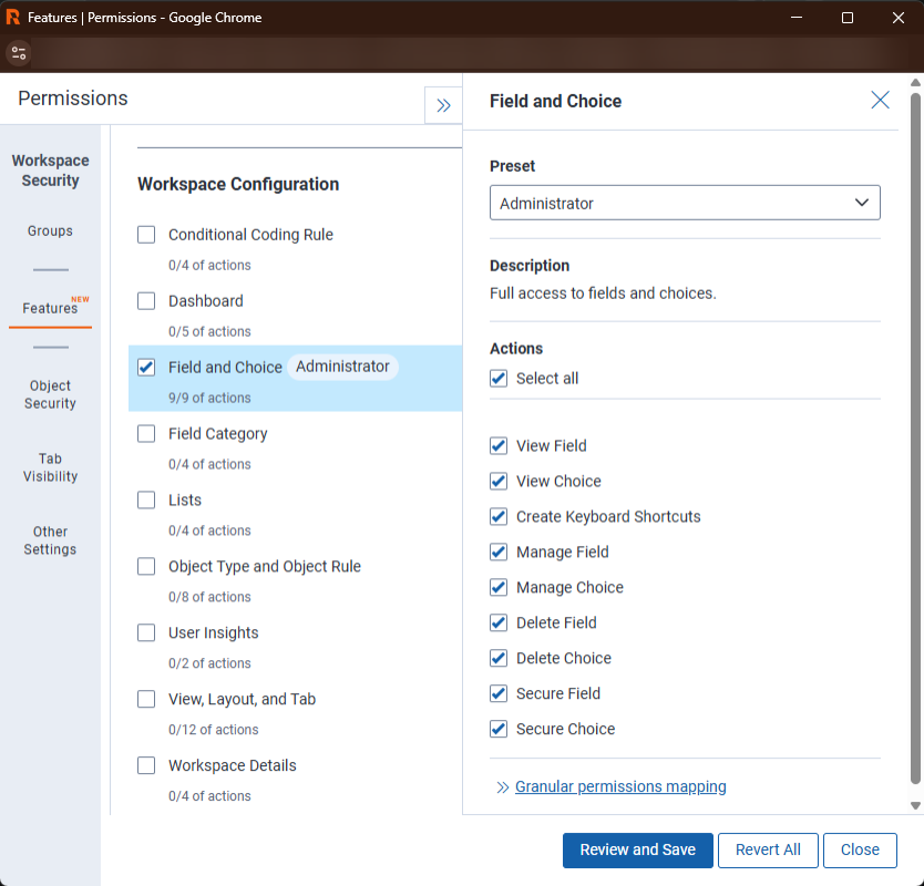 Workspace-level Features tab showing the Field and Choice feature with its actions