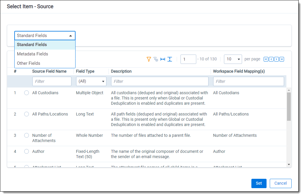 Source screen - Used when mapping processing fields