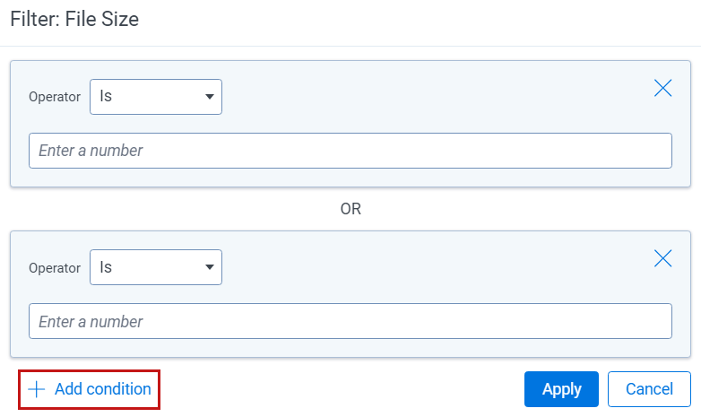 Condition card showing the is operator option.