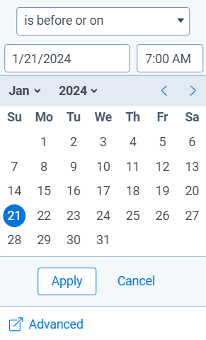 Filter options for a calendar field.