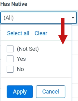 The filter options for the Has Native field.
