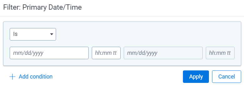 Condition card showing filter options for a date time field.