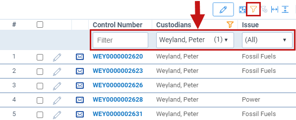 Screenshot of the filter option for the Custodian field.