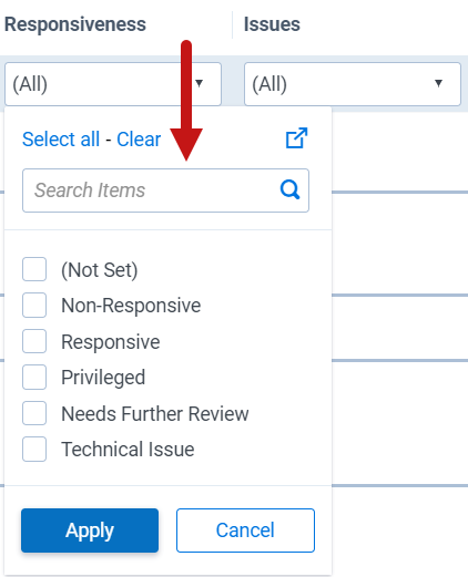 Filter options for the Responsiveness field.