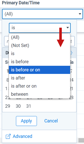 Selecting an operator for a date filter.