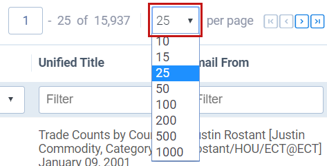 Screenshot of paging options for selecting how many records to display in the list.