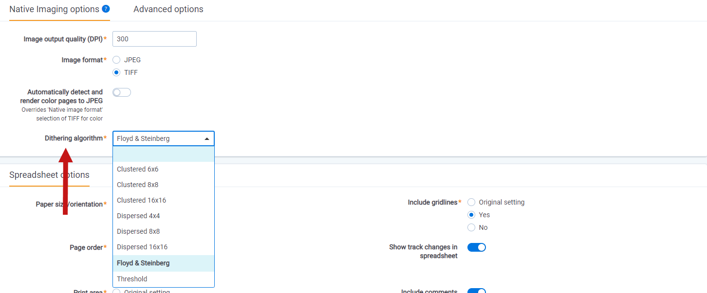 The Dithering Algorithm drop-down list in an imaging profile, showing all eight algorithm options.