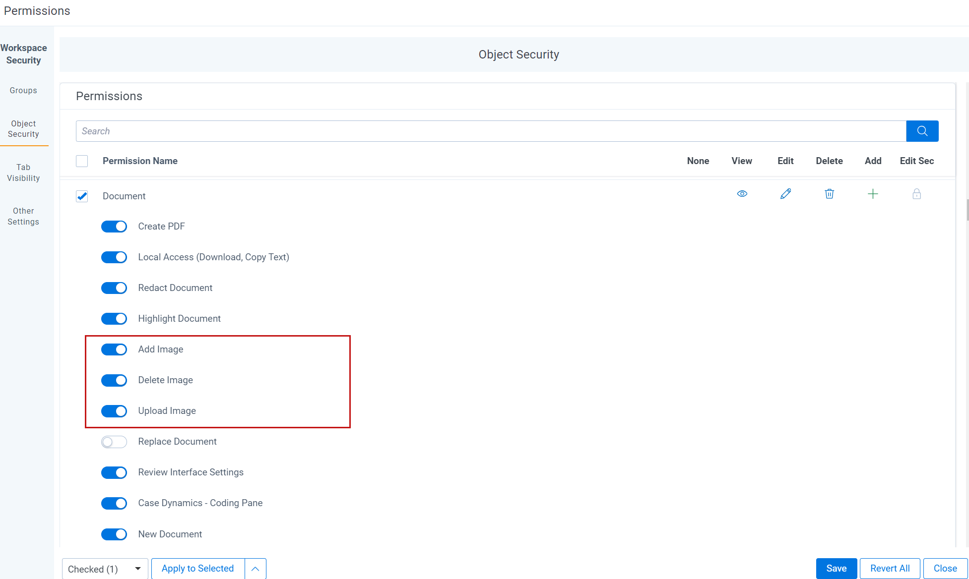 An image highlighting the Upload Image, Add Image and Delete Image permissions