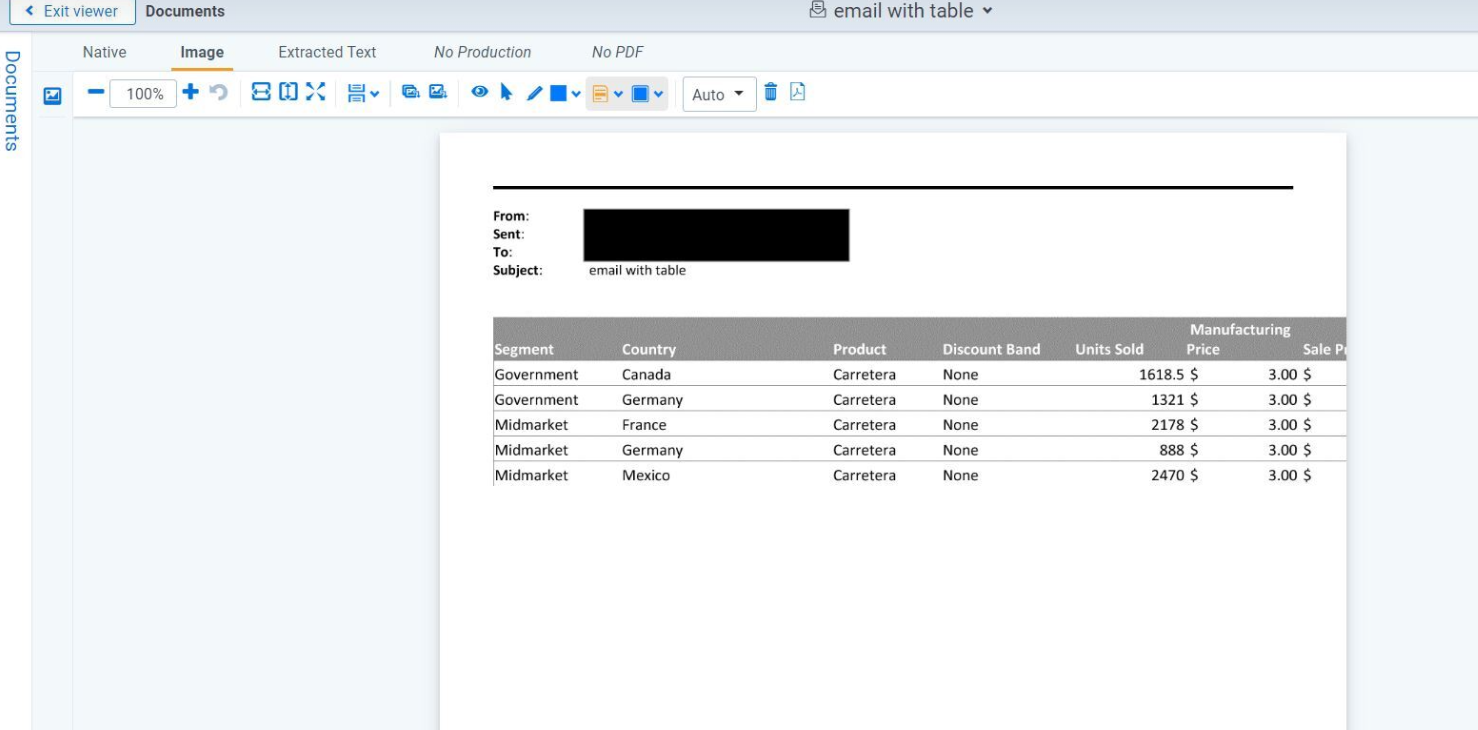 An imaged email where the Split tables to fit page width field was set to No on the imaging profile.