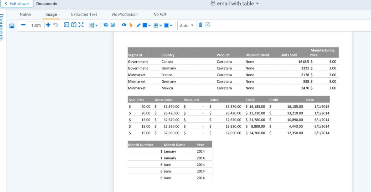 An imaged email where the Split tables to fit page width field was set to Yes on the imaging profile.