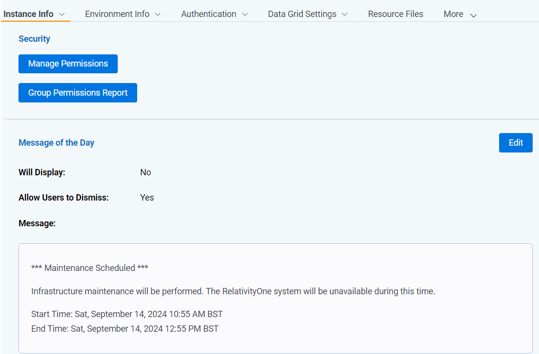 The Instance Details tab screen showing a sectiont to manage permissions and the daily message.