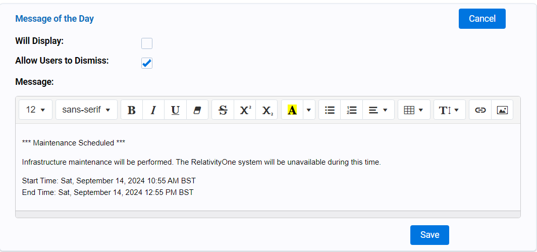 Editing the message of the day in Instance Details