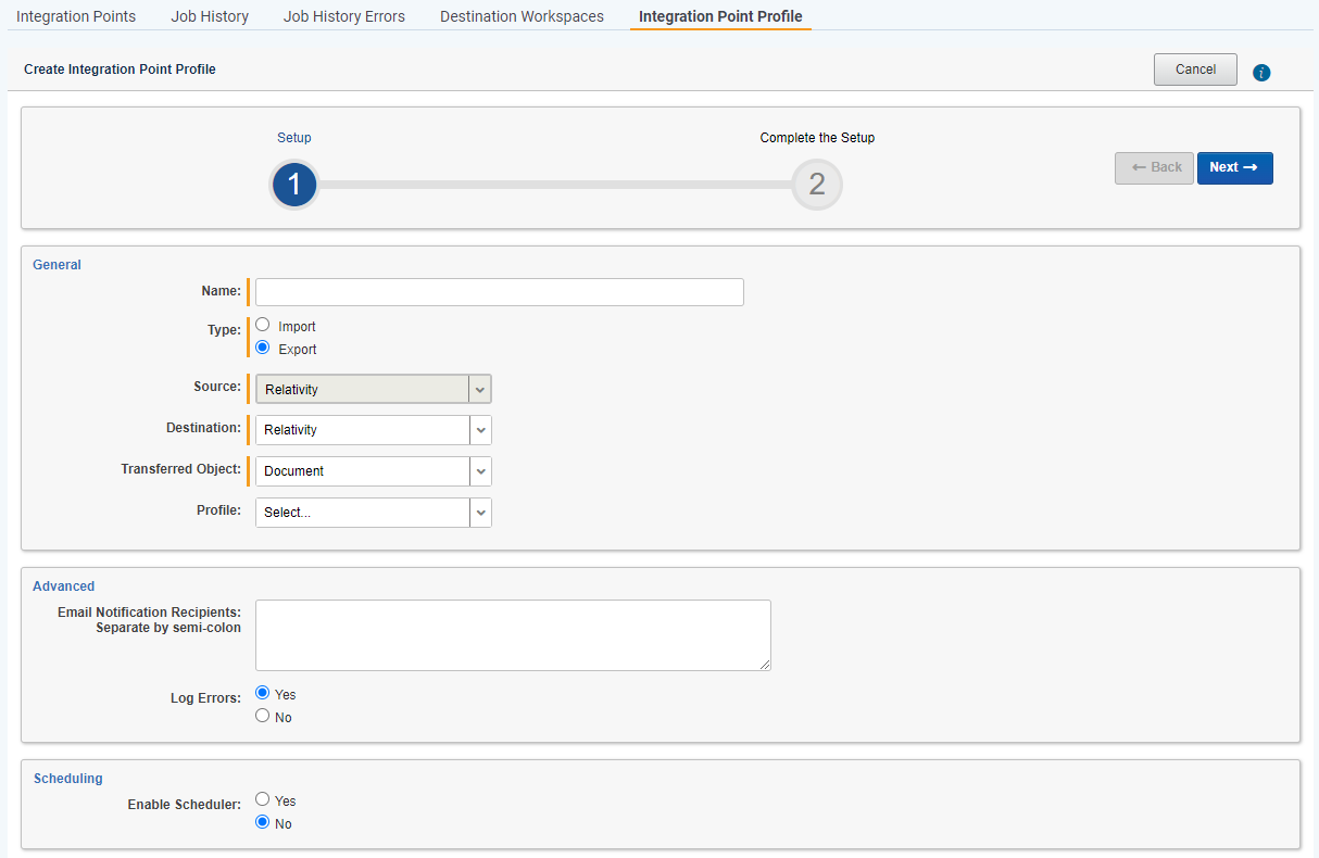 Create Integration Point Profile dialog