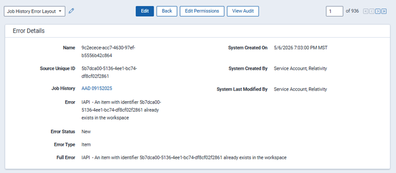 Job History error details