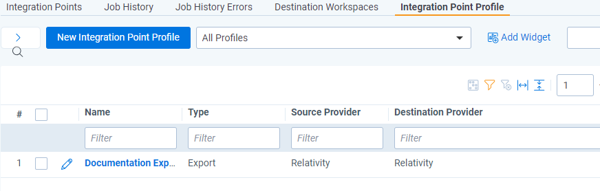 Integration Point Profile tab list