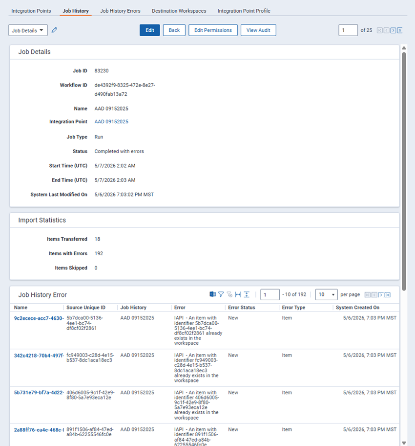 The Job History page with Job Details, Import Statistics, and Job History Error.