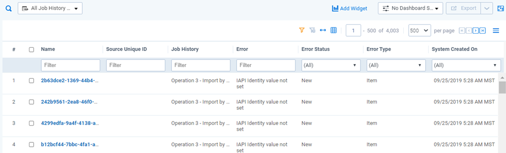 Job History Errors tab
