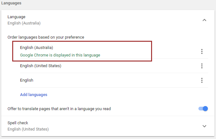 Languages Settings dialog