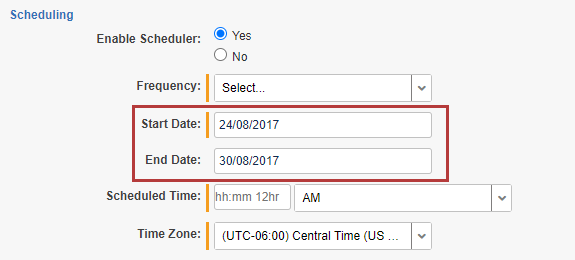 Scheduling dialog with Start and End Date fields highlighted