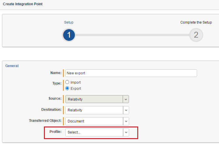 Profile field highlighted on Create Integration Point Setup dialog