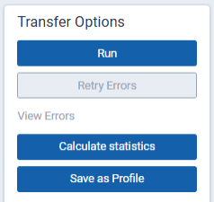 Arrow pointing to Run button under Transfer Options console
