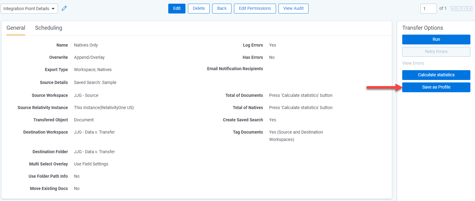 Save as Profile button highlighted on Integration Points dialog