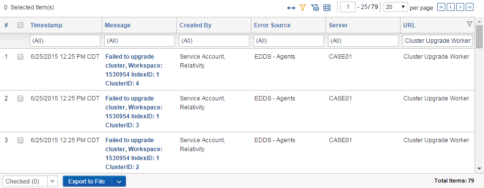The errors tab document list showing three errored upgrade cluster messages.