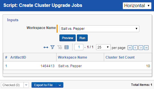The create cluster upgrade jobs input screen showing the workspace name and the preview and run buttons.