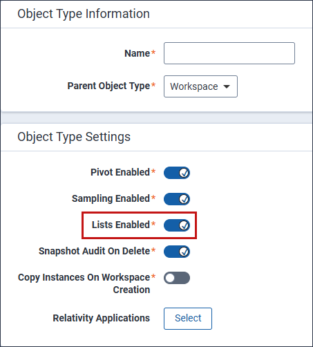 The Lists Enabled option is highlighted in the Object Type Settings section.