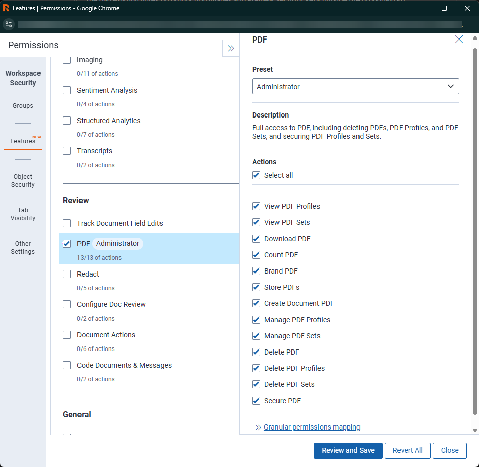 Workspace-level Features tab showing the PDF feature with its actions