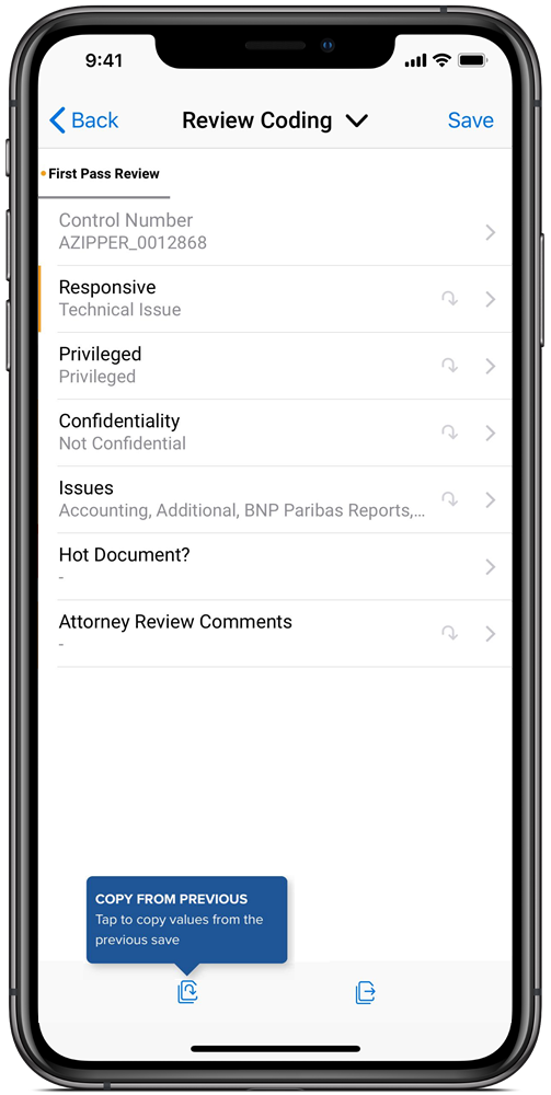 An image of  Copy from Previous on the Relativity aiR mobile app for iOS.
