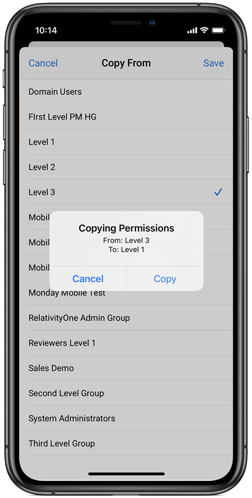 An image of the Copying Permissions pop up on mobile.