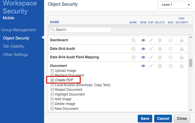 An image of the Create PDF permission.
