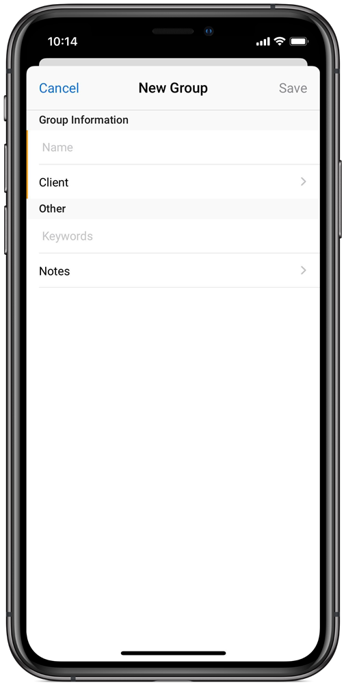 An image of the New Group menu on mobile.