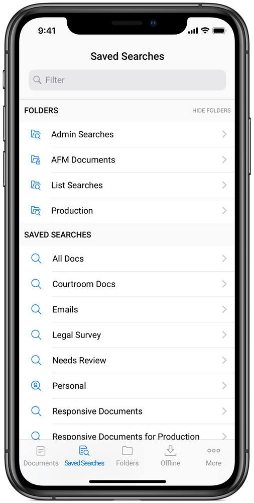 An image of the Saved Searches screen on mobile.