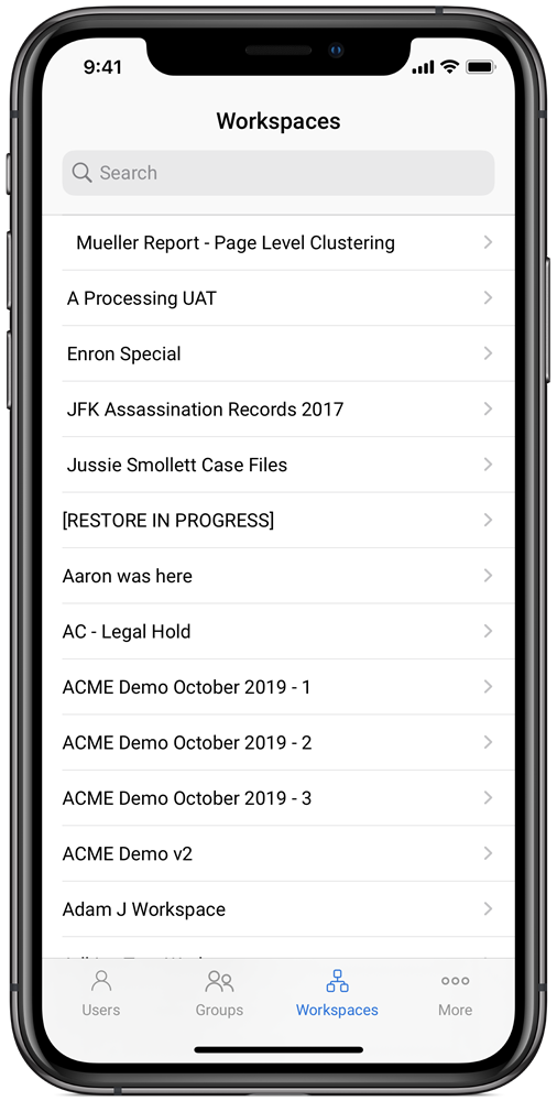 An image of the Workspaces list on mobile.
