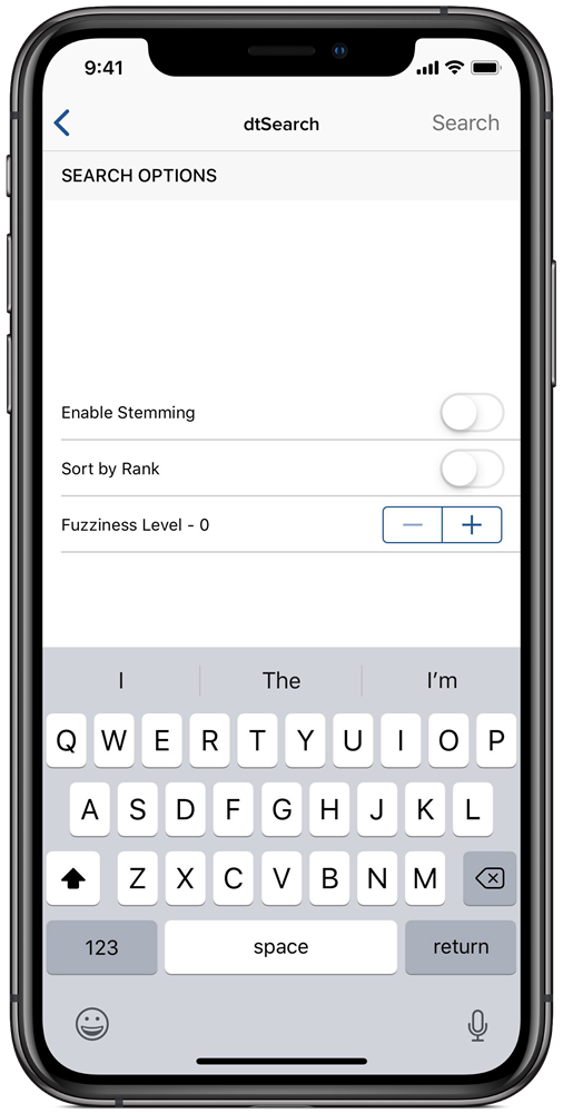 An image of dtSearch options on mobile.