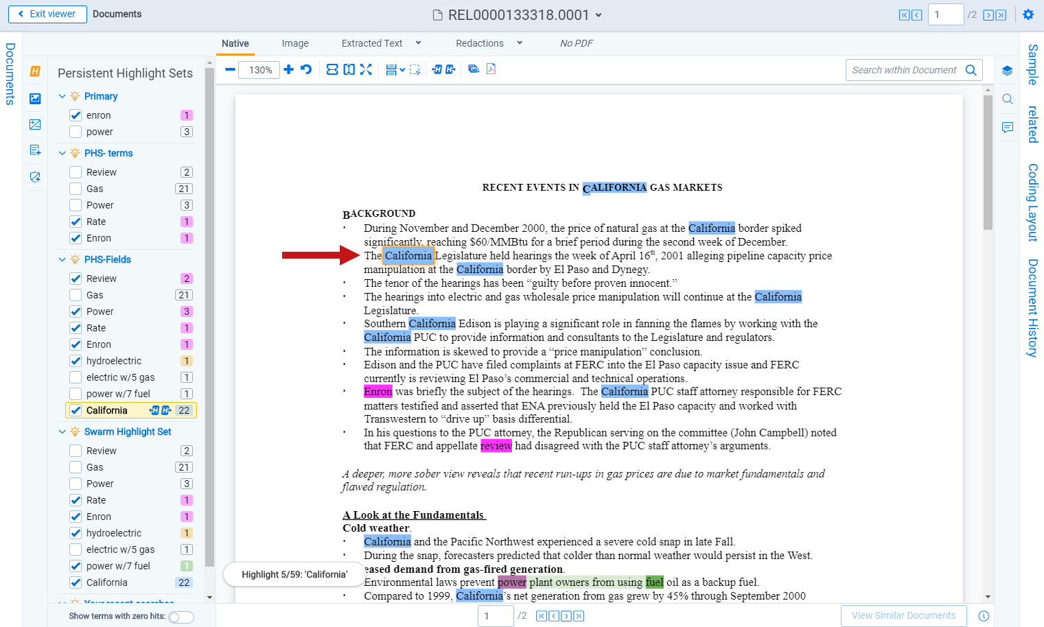 A term is highlighted in the Viewer to demonstrate how navigating between highlights looks.