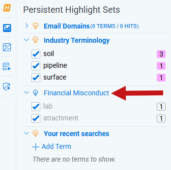 The Persistent Highlight Sets pane with the Investments persistent highlight set hidden.